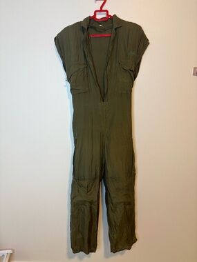 Vintage Lily Farouche Olive Green Silk Utility Jumpsuit - Women's Relaxed Fit